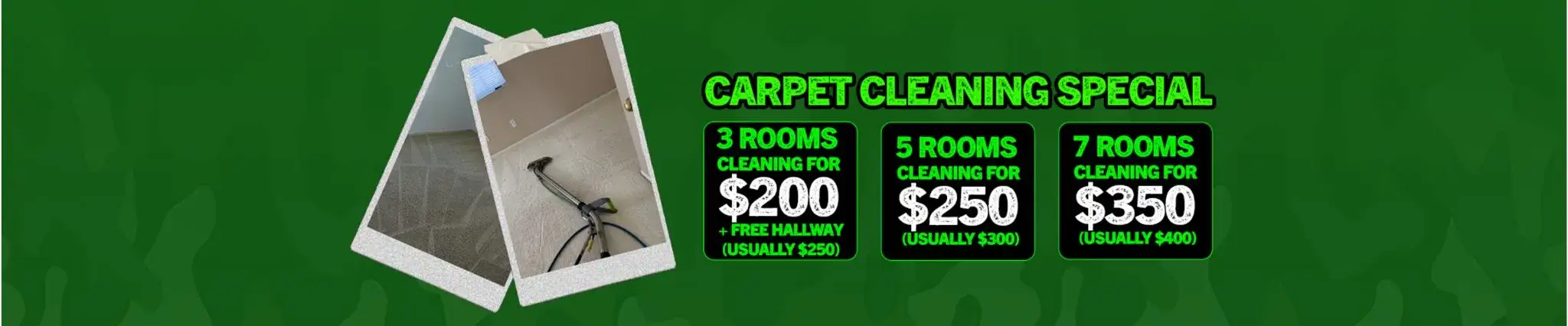 Carpet cleaning special offers for 3, 5, and 7 rooms with professional steam cleaning results