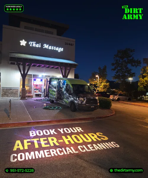 Professional after-hours commercial carpet cleaning service in Murrieta by The Dirt Army, featuring service van at a local business site