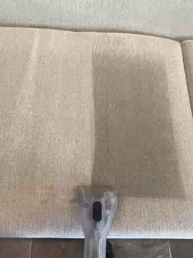 Deep cleaning and pet stain removal from a fabric sofa in Temecula using professional extraction tools