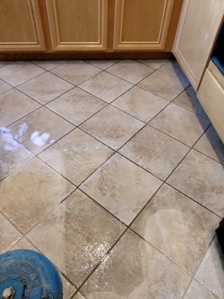 Oceanside's trusted tile and grout cleaning professionals working on a large commercial floor