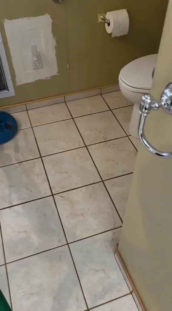 Immaculate clean bathroom floor tiles and sliding glass shower door track after mildew removal