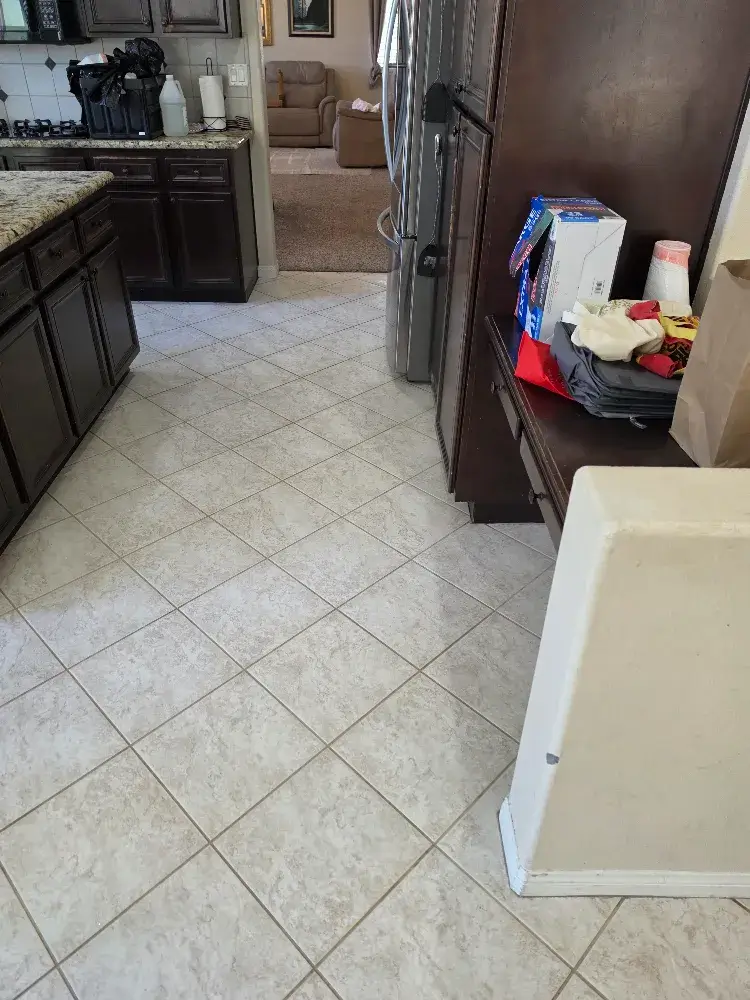 View from a high-traffic Wildomar kitchen toward the carpeted living area, illustrating how dirt accumulates in grout lines and tile surfaces over time