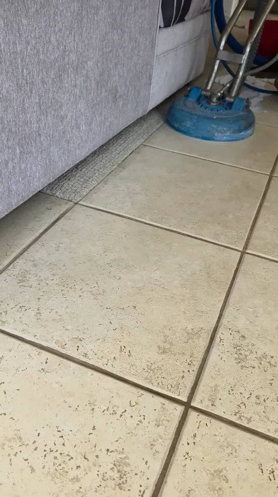 Heavy dirt buildup and discolored dark grout lines on a square ceramic tile floor before extraction