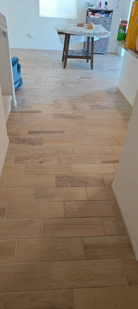 The Dirt Army cleaning tile safely along the edge of a living room carpet and rug border