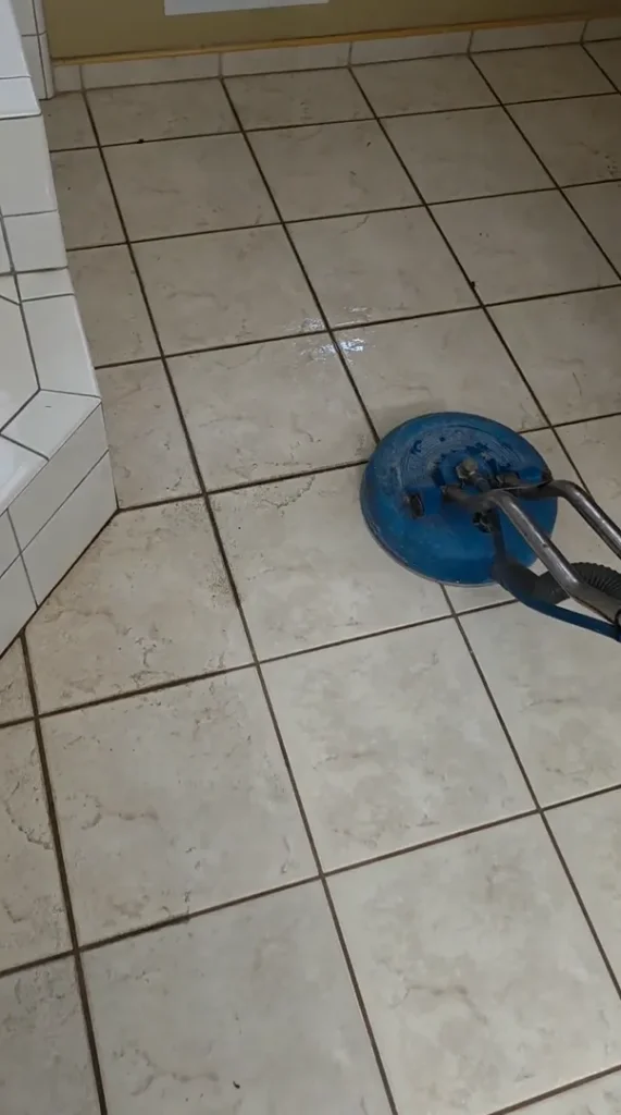 Deeply discolored black grout lines in a residential bathroom before cleaning in Winchester, CA