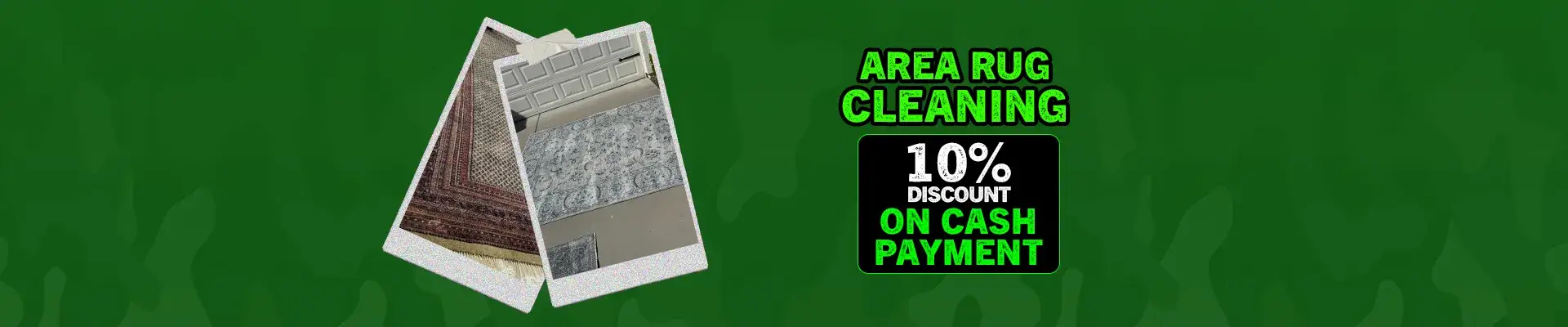 the dirt army 10% off cash payment offer banner for area rug cleaning